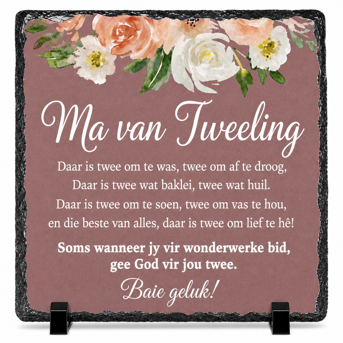 Ma van Tweeling Geskenk – Afrikaans Tweeling Mamma Rock Slate Plaque | Baby Shower Gift, Nuwe Mamma Geskenk, Sentimentele Tweeling Keepsake (20x20cm)