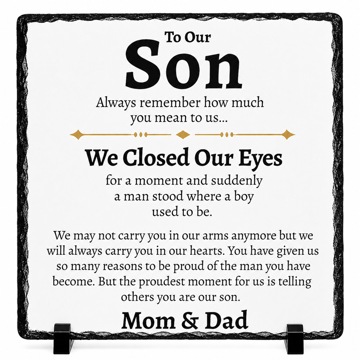 To Our Son Gift from Mom & Dad – Emotional Rock Slate Plaque | Birthday Gift for Son, Proud of You Son Keepsake, Sentimental Gift for Adult Son (20x20cm)