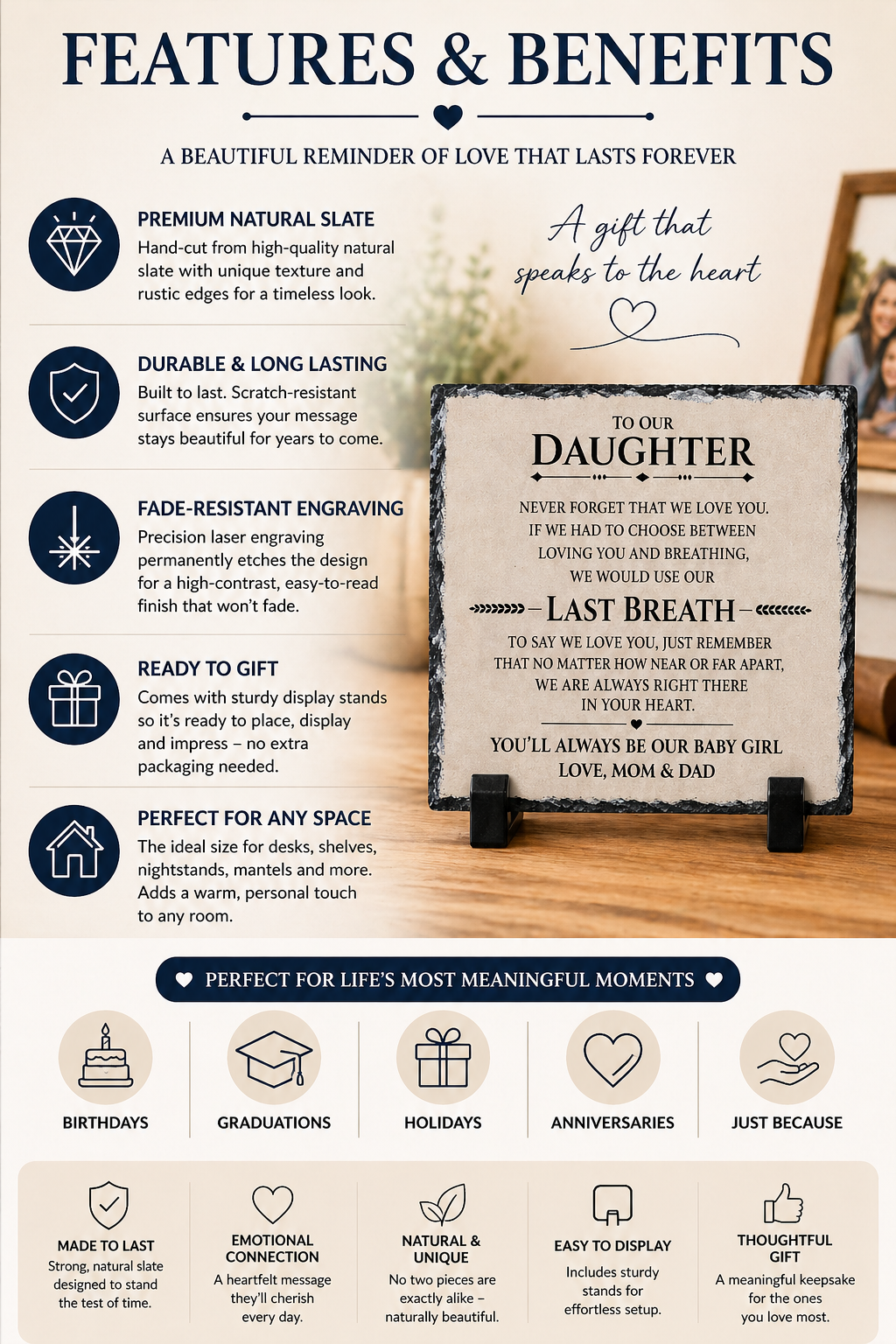 To Our Daughter Rock Slate Plaque Gift from Mom & Dad | Meaningful Daughter Keepsake Decor