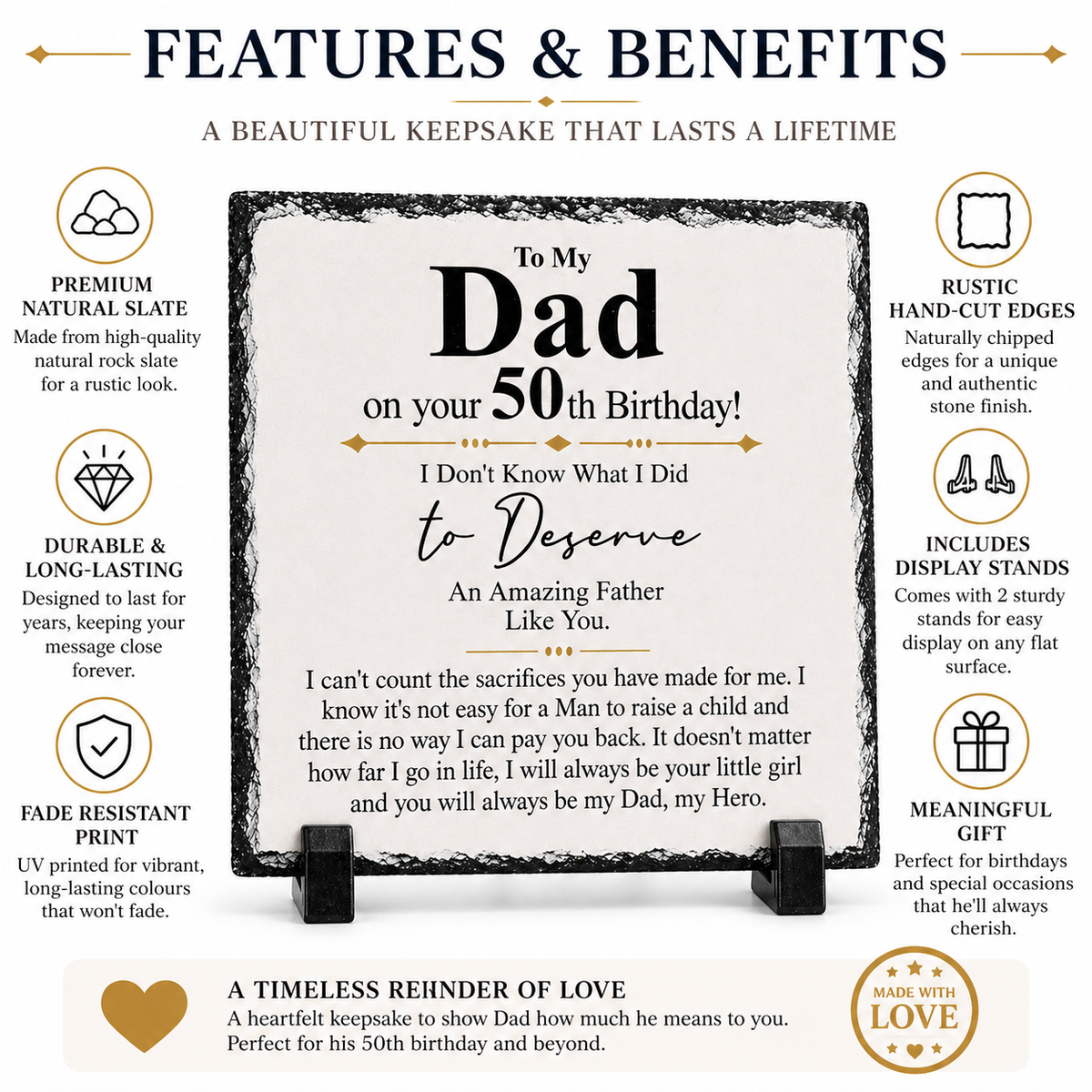 To My Dad 50th Birthday Rock Slate Plaque Gift from Daughter | Meaningful Dad Keepsake