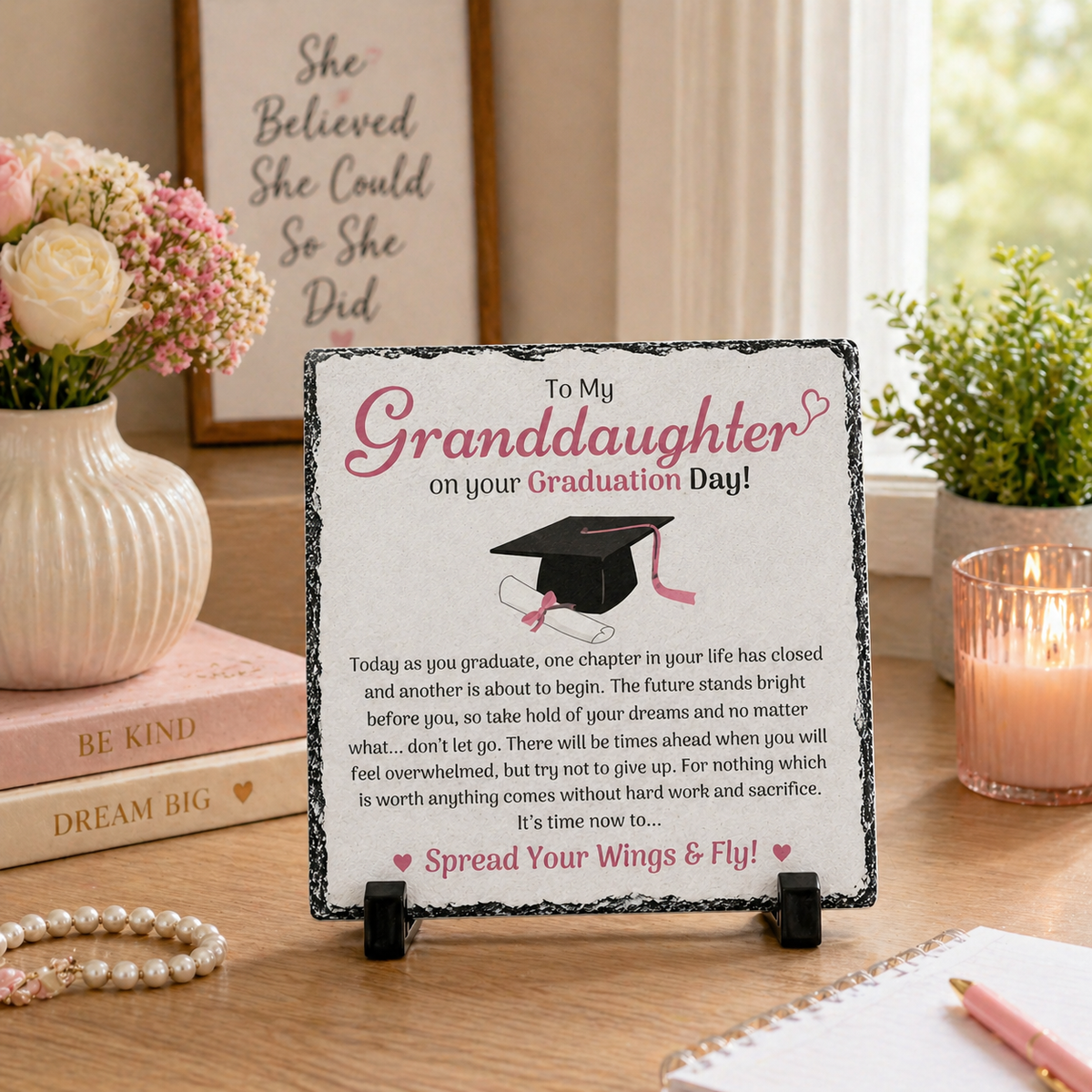 To My Granddaughter Graduation Gift Rock Slate – 20cm x 20cm Keepsake Plaque | Inspirational Gift for Granddaughter | Unique Gift South Africa