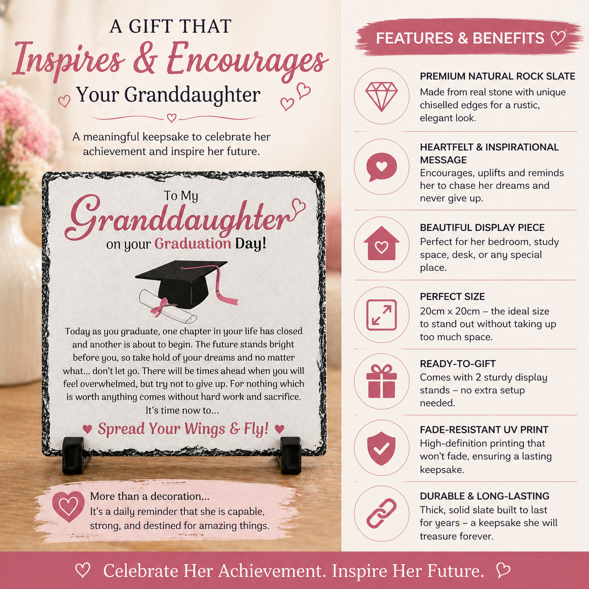 To My Granddaughter Graduation Gift Rock Slate – 20cm x 20cm Keepsake Plaque | Inspirational Gift for Granddaughter | Unique Gift South Africa
