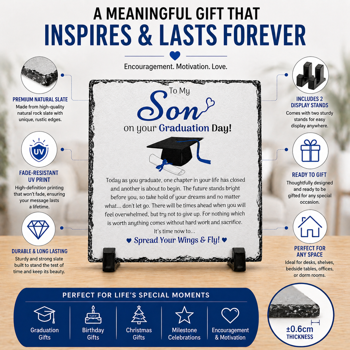 To My Son Graduation Gift Rock Slate – 20cm x 20cm Inspirational Keepsake Plaque | Meaningful Gift for Son | Unique Gift South Africa
