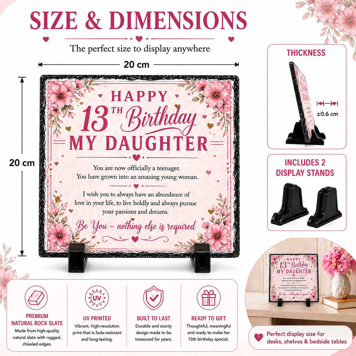 13th Birthday Gift for Daughter – Rock Slate Plaque 20cm x 20cm | Inspirational Teenage Gift for Girls | Meaningful Keepsake South Africa