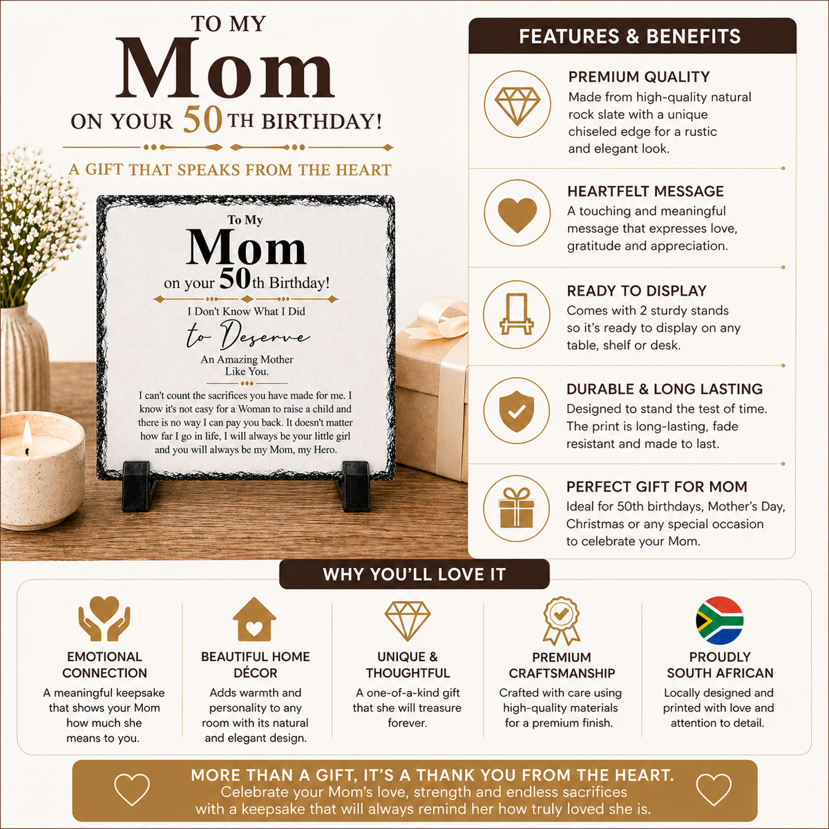 To My Mom 50th Birthday Gift – Premium Rock Slate Plaque | Meaningful Keepsake Gift for Mom | Unique Birthday Gift South Africa