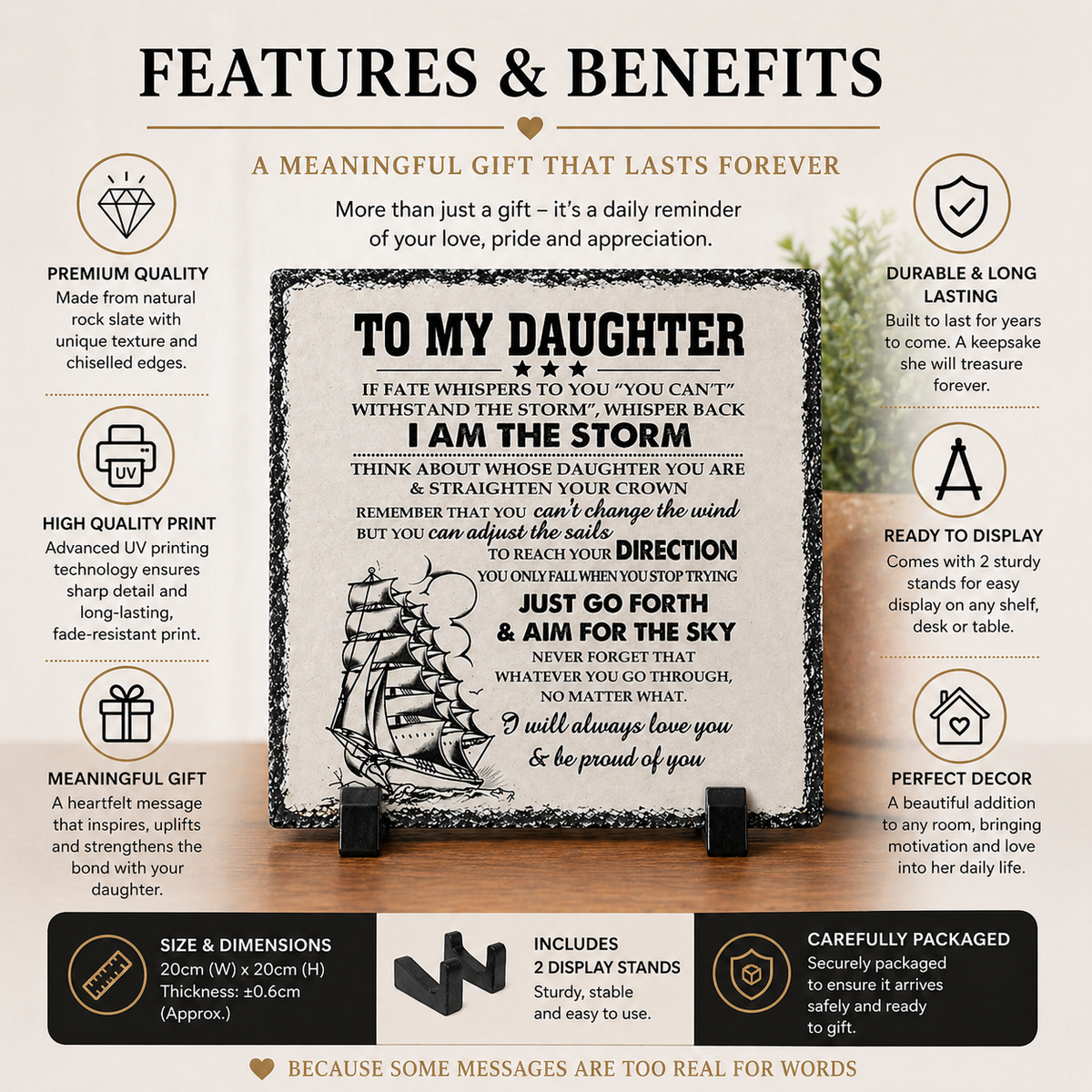 To My Daughter Rock Slate Gift – 20cm x 20cm Inspirational Plaque | Meaningful Daughter Gift | Unique Keepsake South Africa