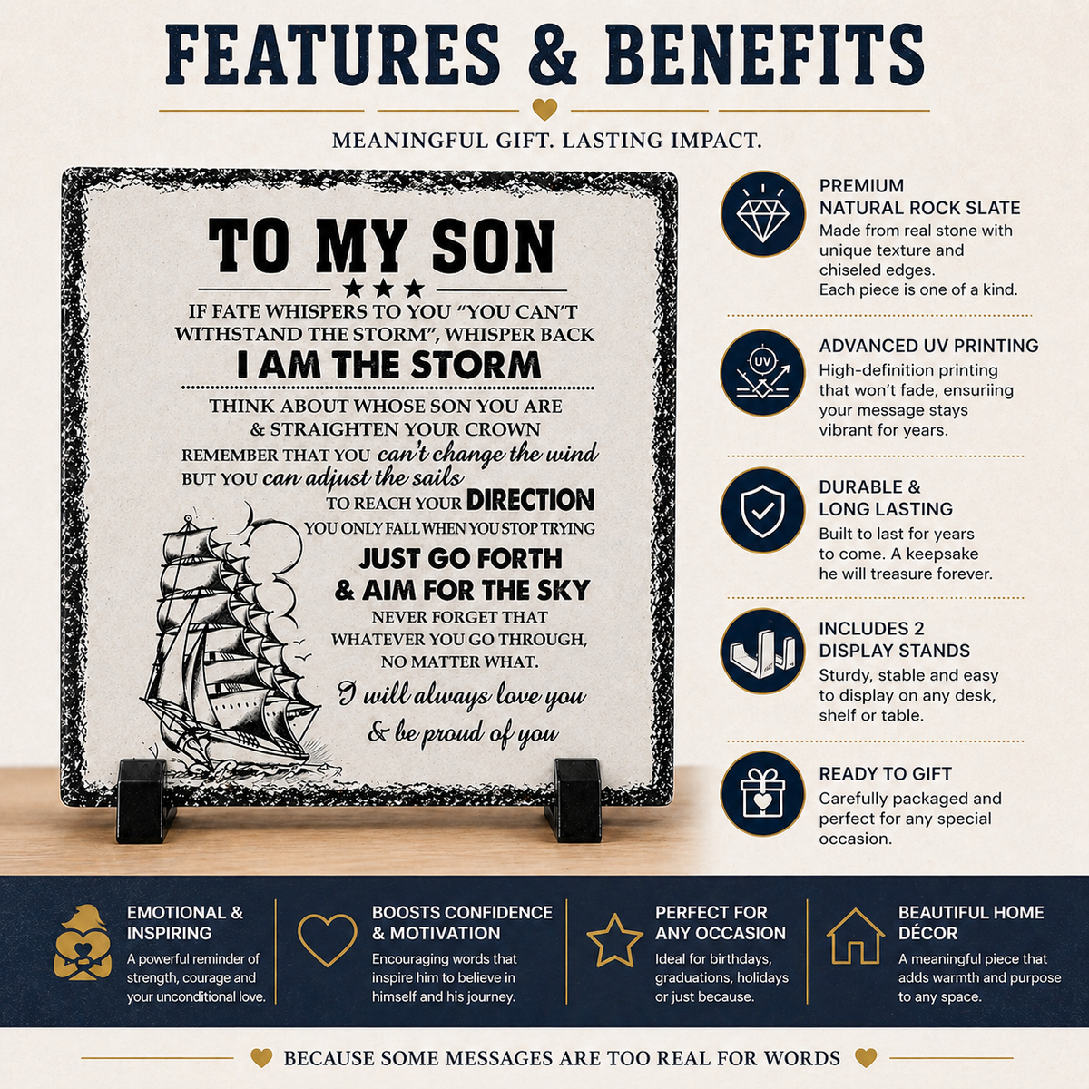 To My Son Rock Slate Gift – 20cm x 20cm Inspirational Plaque | Motivational Gift for Son | Meaningful Keepsake South Africa