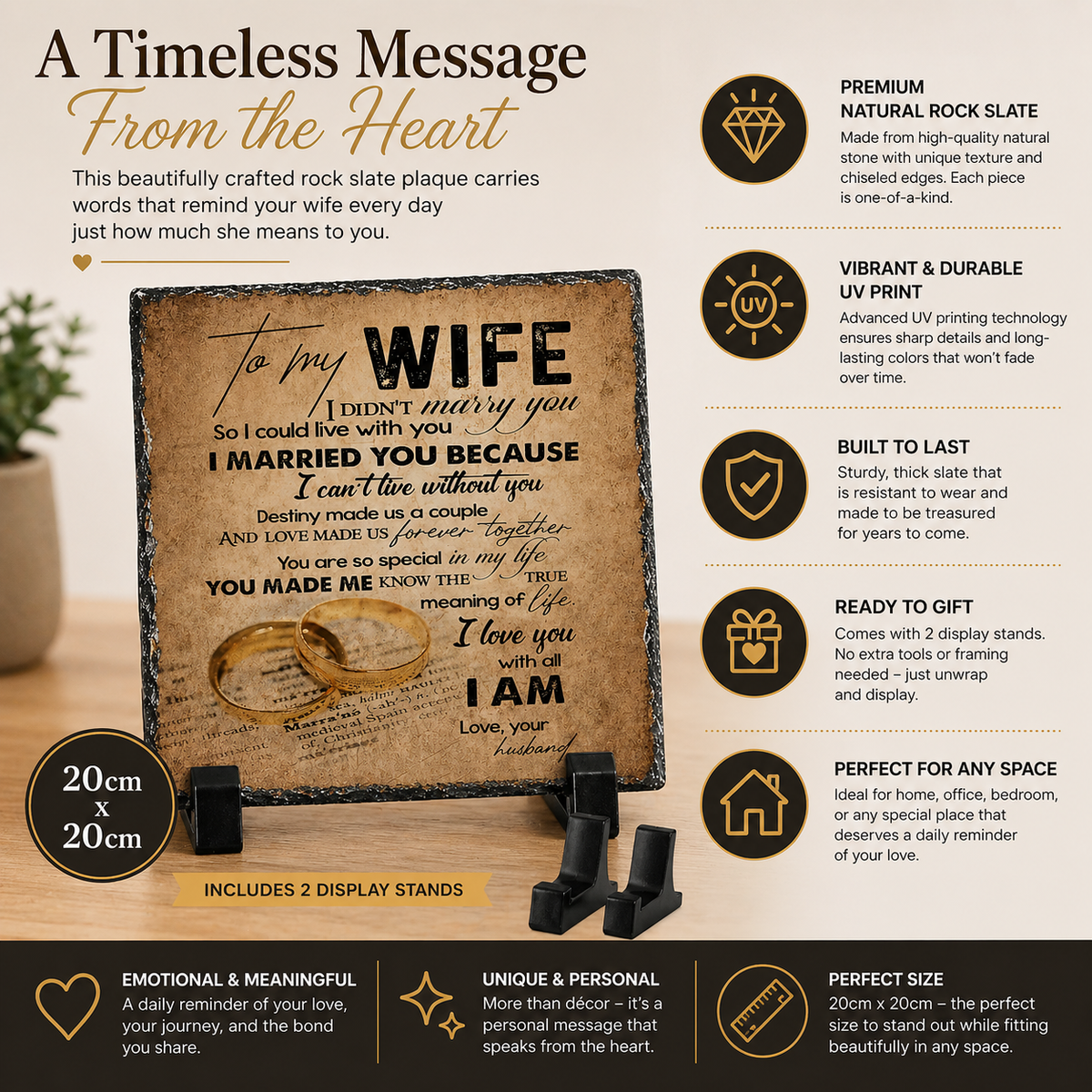 To My Wife Rock Slate Gift – 20cm x 20cm Romantic Keepsake Plaque | Anniversary Gift for Wife | Unique Love Gift South Africa