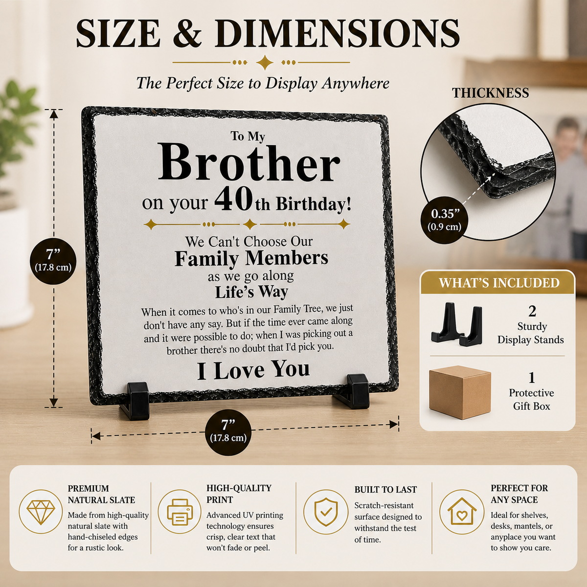 40th Birthday Gift for Brother – To My Brother Rock Slate Plaque | Sentimental Keepsake Gift for Him, Brother Birthday Gift (20x20cm)