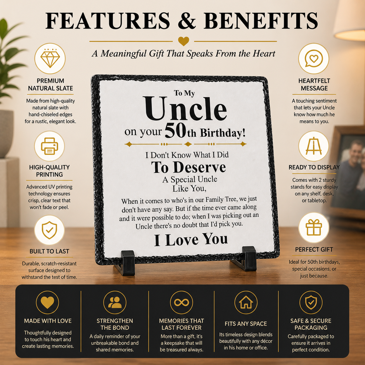 50th Birthday Gift for Uncle – To My Uncle Rock Slate Plaque | Sentimental Keepsake Gift for Him, Uncle 50th Birthday Present (20x20cm)