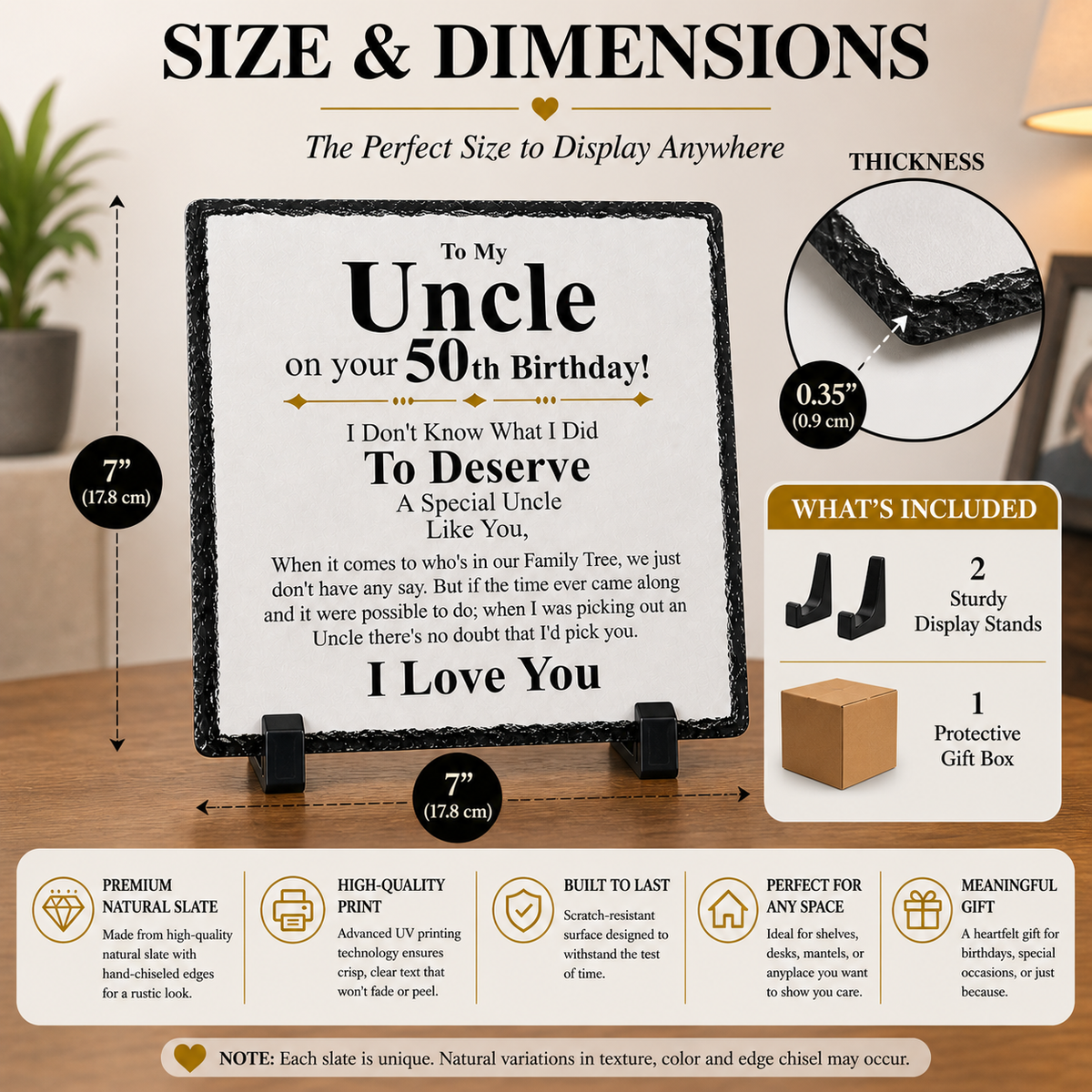 50th Birthday Gift for Uncle – To My Uncle Rock Slate Plaque | Sentimental Keepsake Gift for Him, Uncle 50th Birthday Present (20x20cm)