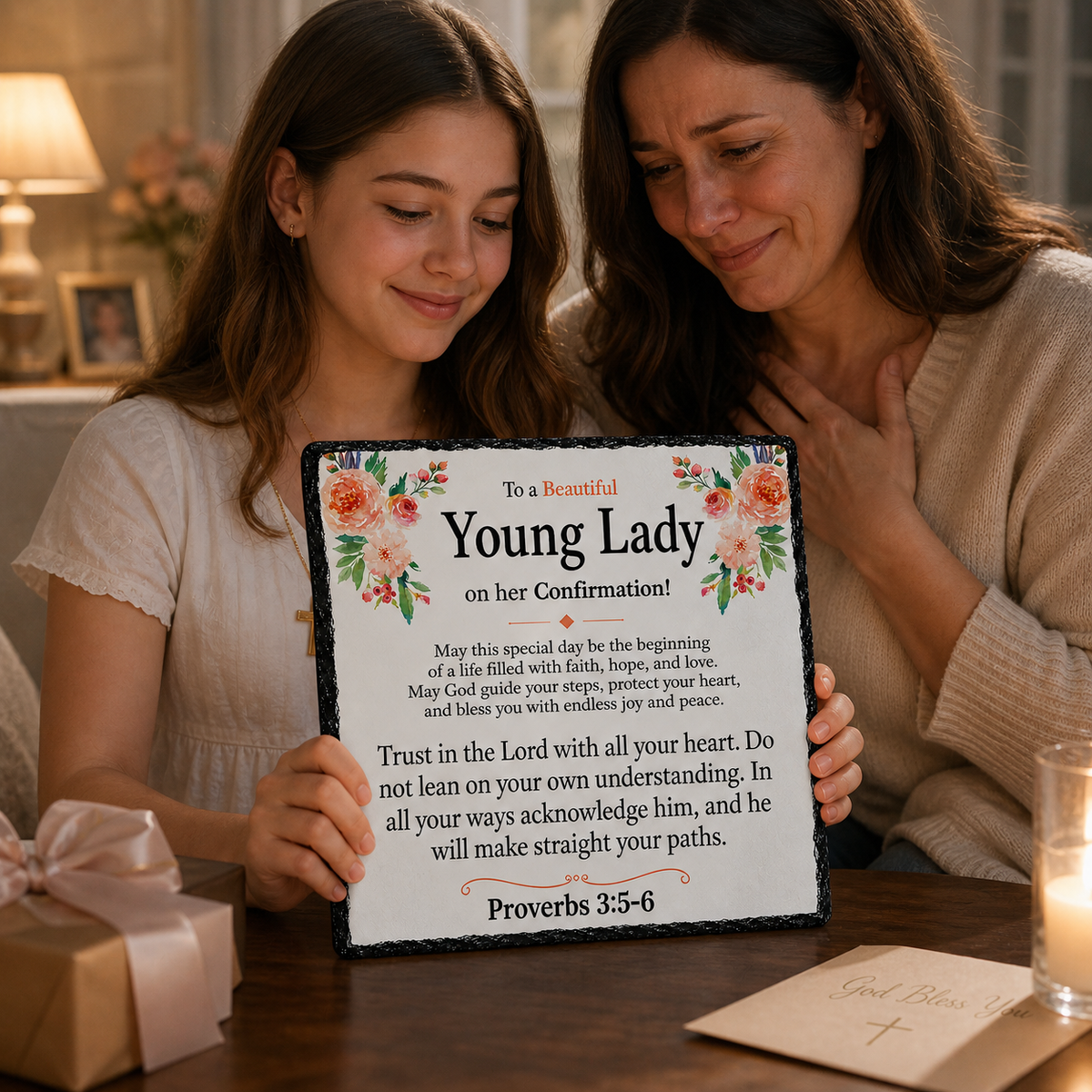 Confirmation Gift for Girl – Young Lady Rock Slate Plaque | Christian Confirmation Keepsake, Religious Gift for Her with Bible Verse (20x20cm)
