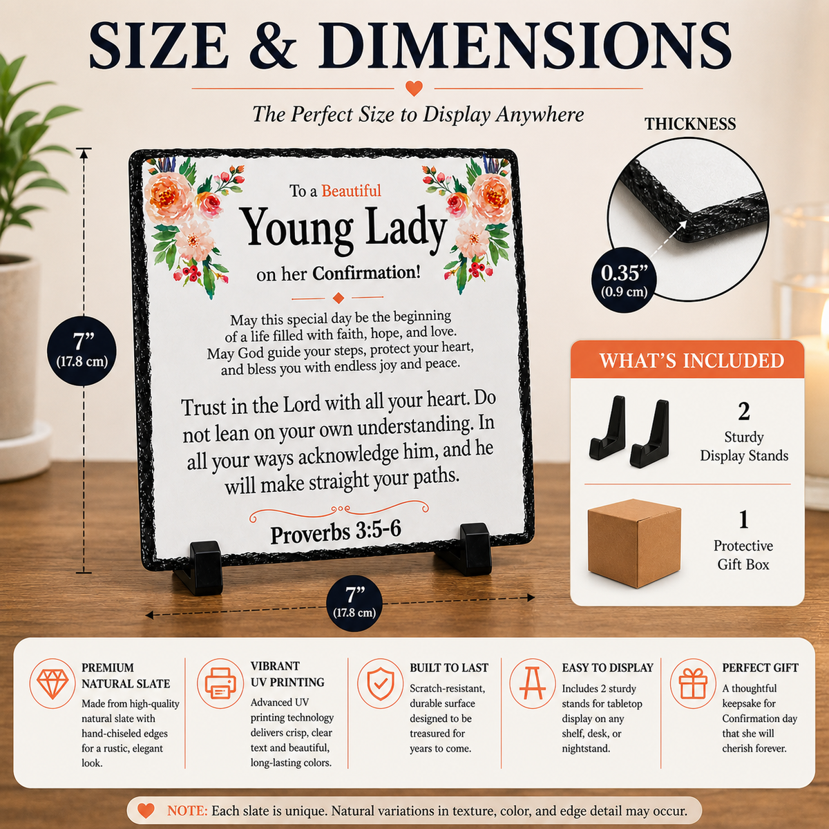 Confirmation Gift for Girl – Young Lady Rock Slate Plaque | Christian Confirmation Keepsake, Religious Gift for Her with Bible Verse (20x20cm)
