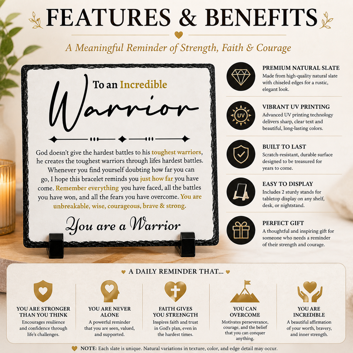 Inspirational Warrior Gift Rock Slate – You Are a Warrior Keepsake Plaque | Motivational Encouragement Gift for Her or Him, Faith-Based Gift (20x20cm)