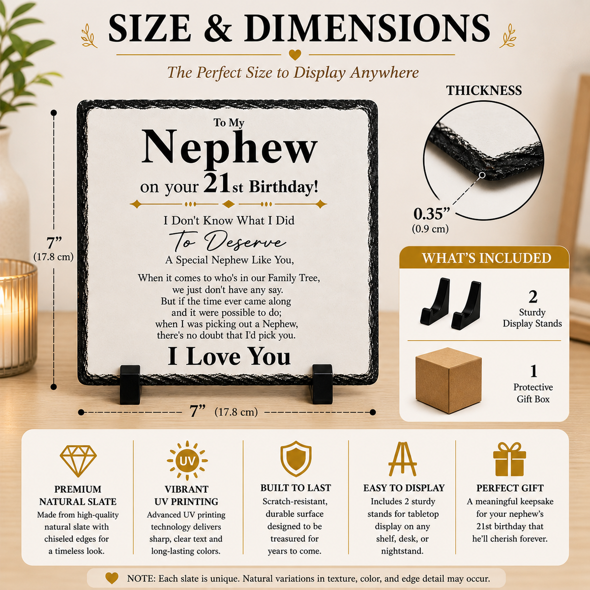 21st Birthday Gift for Nephew – To My Nephew Rock Slate Plaque | Sentimental Keepsake Gift for Him, Nephew 21st Birthday Present (20x20cm)