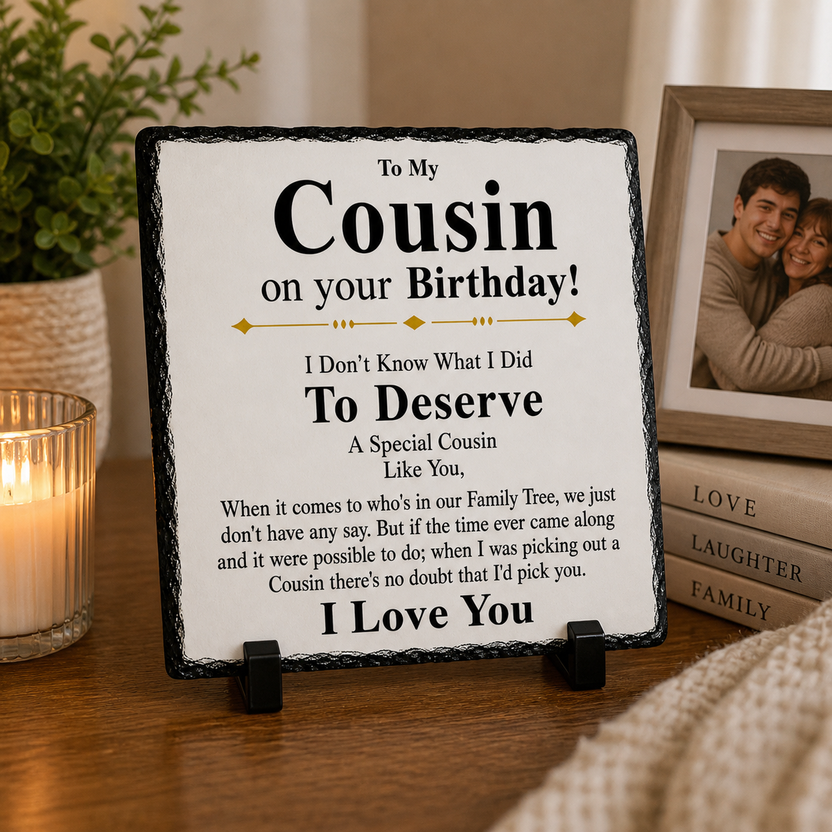 Birthday Gift for Cousin – To My Cousin Rock Slate Plaque | Sentimental Keepsake Gift for Him or Her, Cousin Birthday Present (20x20cm)