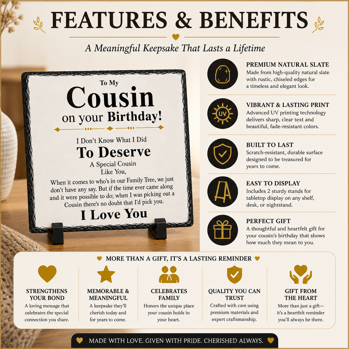 Birthday Gift for Cousin – To My Cousin Rock Slate Plaque | Sentimental Keepsake Gift for Him or Her, Cousin Birthday Present (20x20cm)