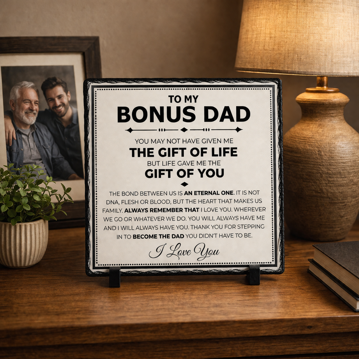 Bonus Dad Gift Rock Slate Plaque – Stepfather Keepsake Gift | Sentimental Gift for Stepdad, Thank You Gift from Daughter or Son (20x20cm)