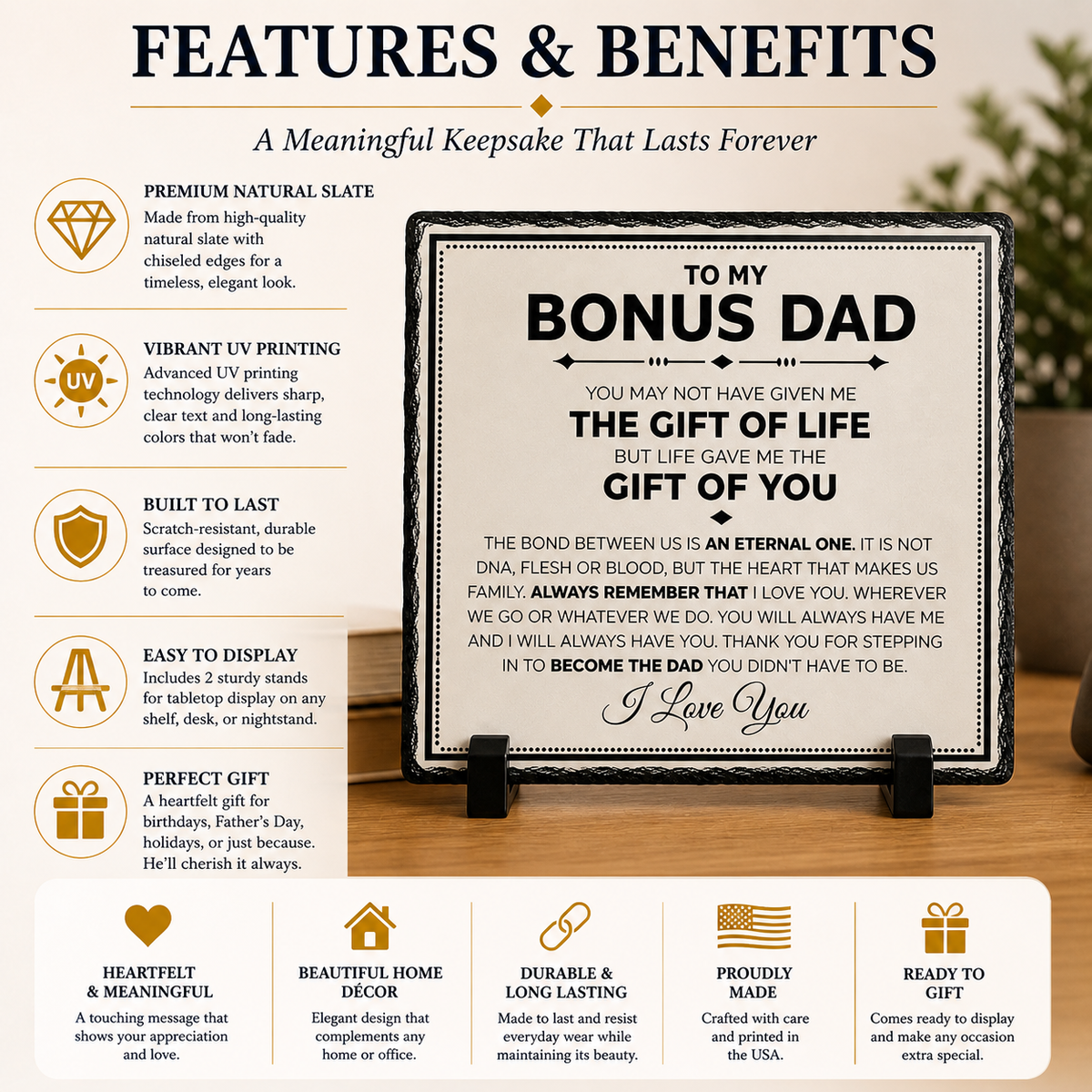 Bonus Dad Gift Rock Slate Plaque – Stepfather Keepsake Gift | Sentimental Gift for Stepdad, Thank You Gift from Daughter or Son (20x20cm)