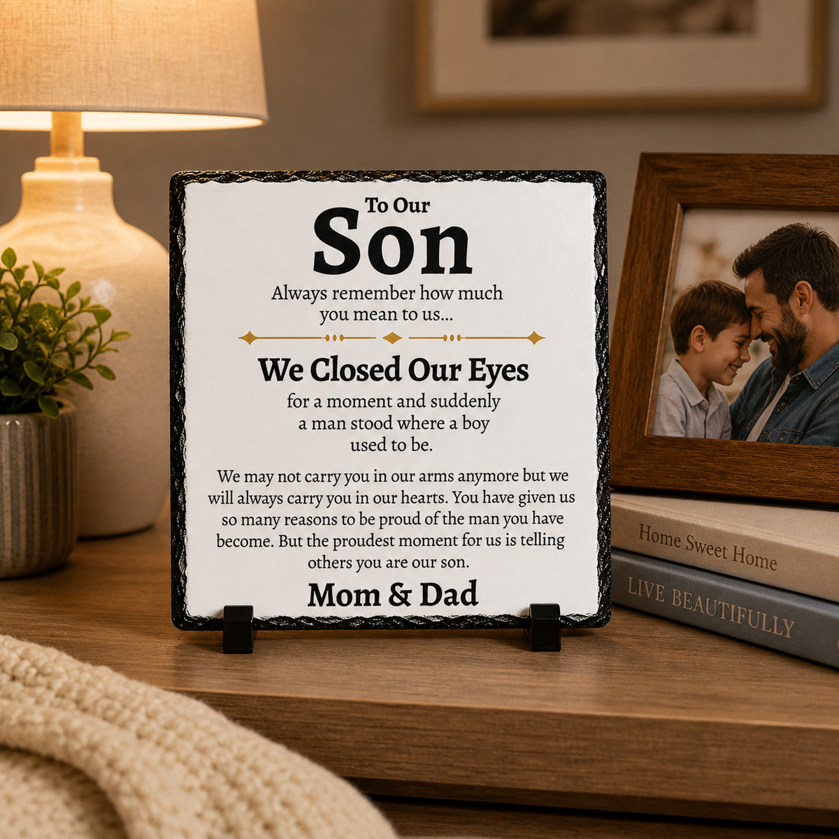 To Our Son Gift from Mom & Dad – Emotional Rock Slate Plaque | Birthday Gift for Son, Proud of You Son Keepsake, Sentimental Gift for Adult Son (20x20cm)