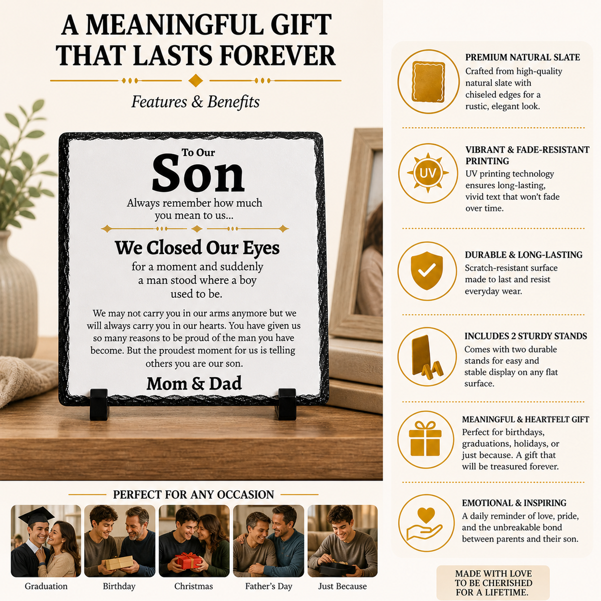 To Our Son Gift from Mom & Dad – Emotional Rock Slate Plaque | Birthday Gift for Son, Proud of You Son Keepsake, Sentimental Gift for Adult Son (20x20cm)