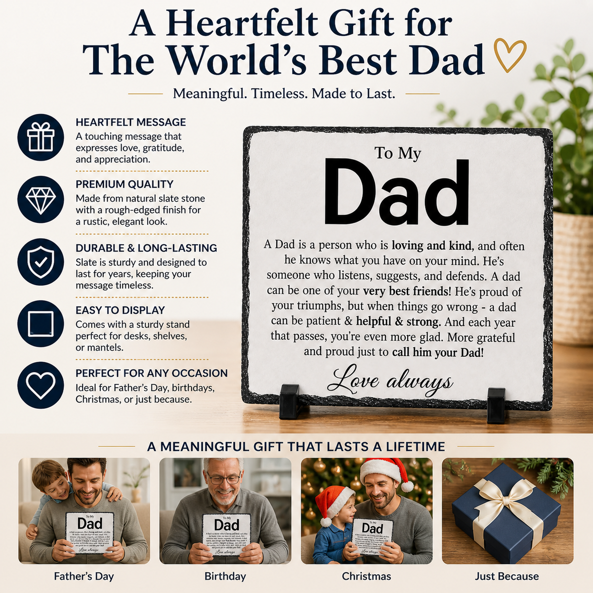 To My Dad Rock Slate Gift – Heartfelt Message Plaque for Father | Premium 20x20cm Keepsake Gift for Dad Birthday, Father’s Day or Christmas