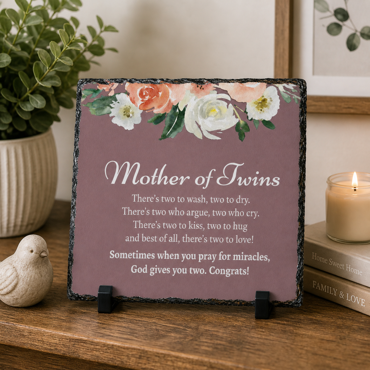 Mother of Twins Rock Slate Gift – Sentimental Twin Mom Keepsake Plaque | Unique Gift for New Mom of Twins, Baby Shower, Mother’s Day (20x20cm)