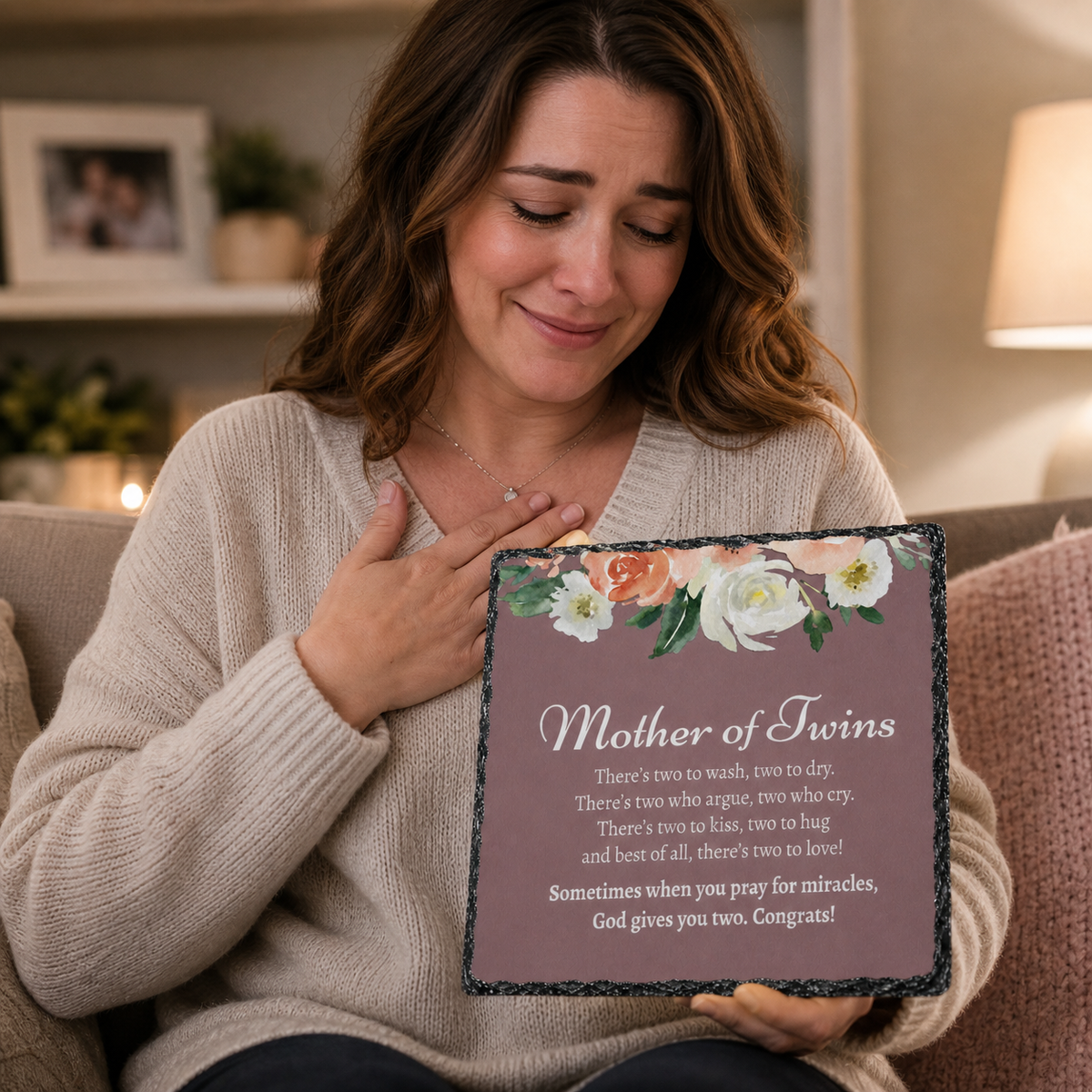 Mother of Twins Rock Slate Gift – Sentimental Twin Mom Keepsake Plaque | Unique Gift for New Mom of Twins, Baby Shower, Mother’s Day (20x20cm)