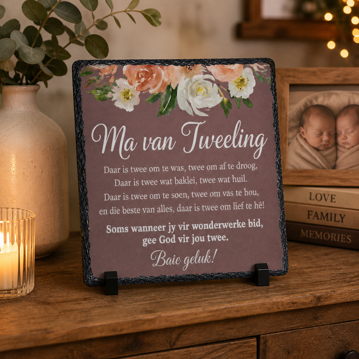 Ma van Tweeling Geskenk – Afrikaans Tweeling Mamma Rock Slate Plaque | Baby Shower Gift, Nuwe Mamma Geskenk, Sentimentele Tweeling Keepsake (20x20cm)