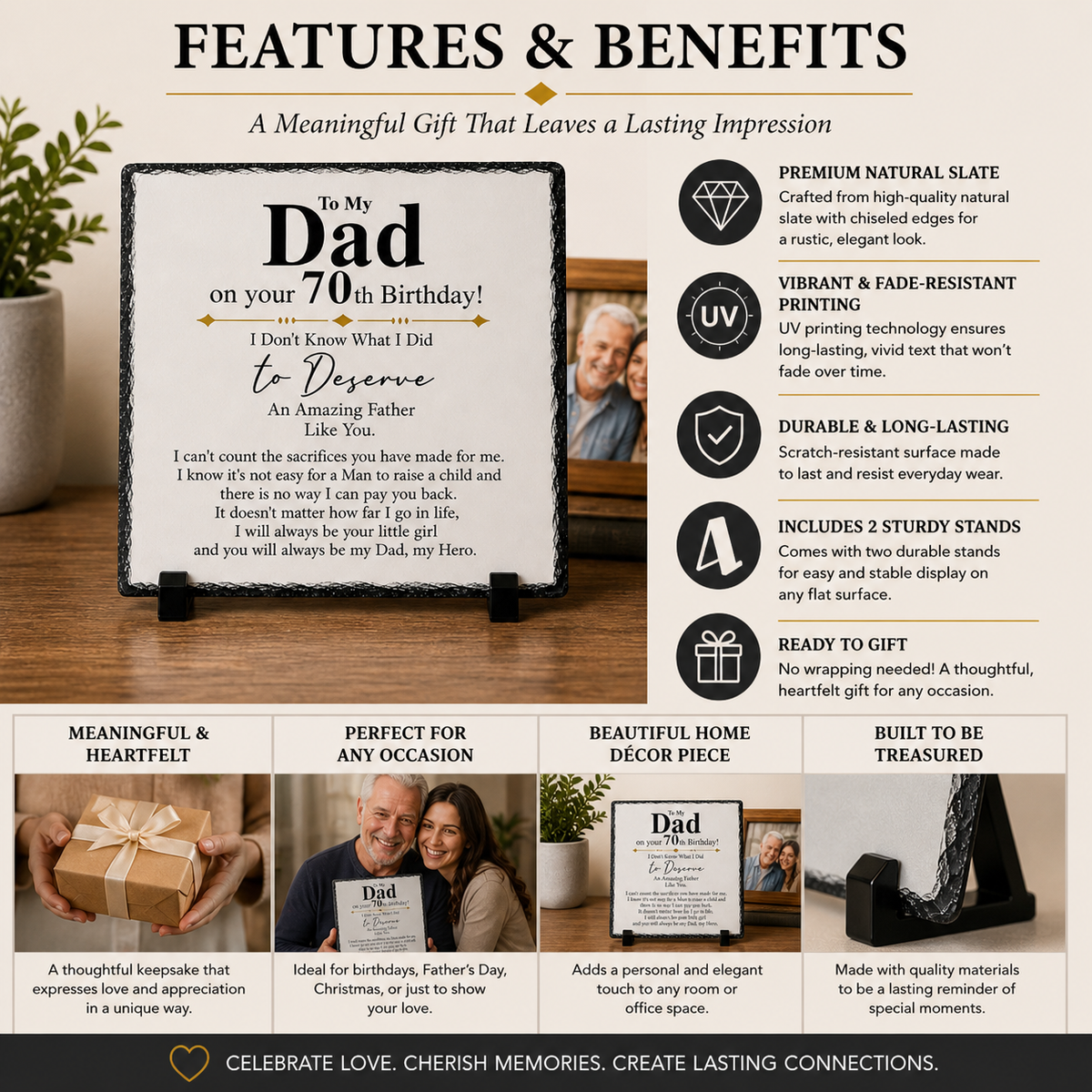 70th Birthday Gift for Dad – Sentimental Rock Slate Plaque | Dad 70th Birthday Keepsake, Father Appreciation Gift from Daughter (20x20cm)