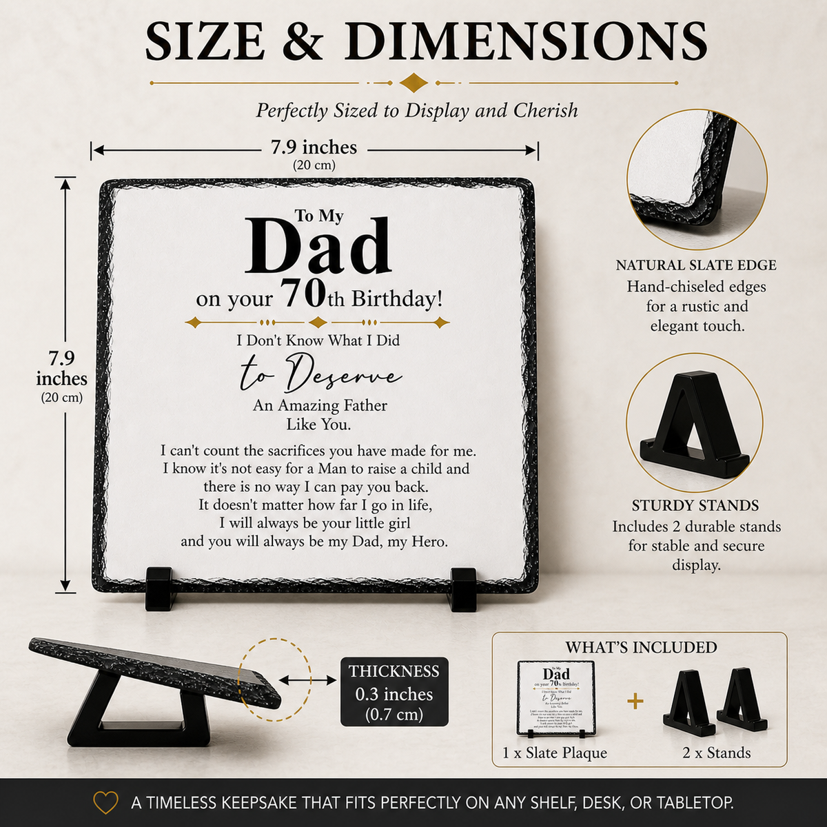 70th Birthday Gift for Dad – Sentimental Rock Slate Plaque | Dad 70th Birthday Keepsake, Father Appreciation Gift from Daughter (20x20cm)
