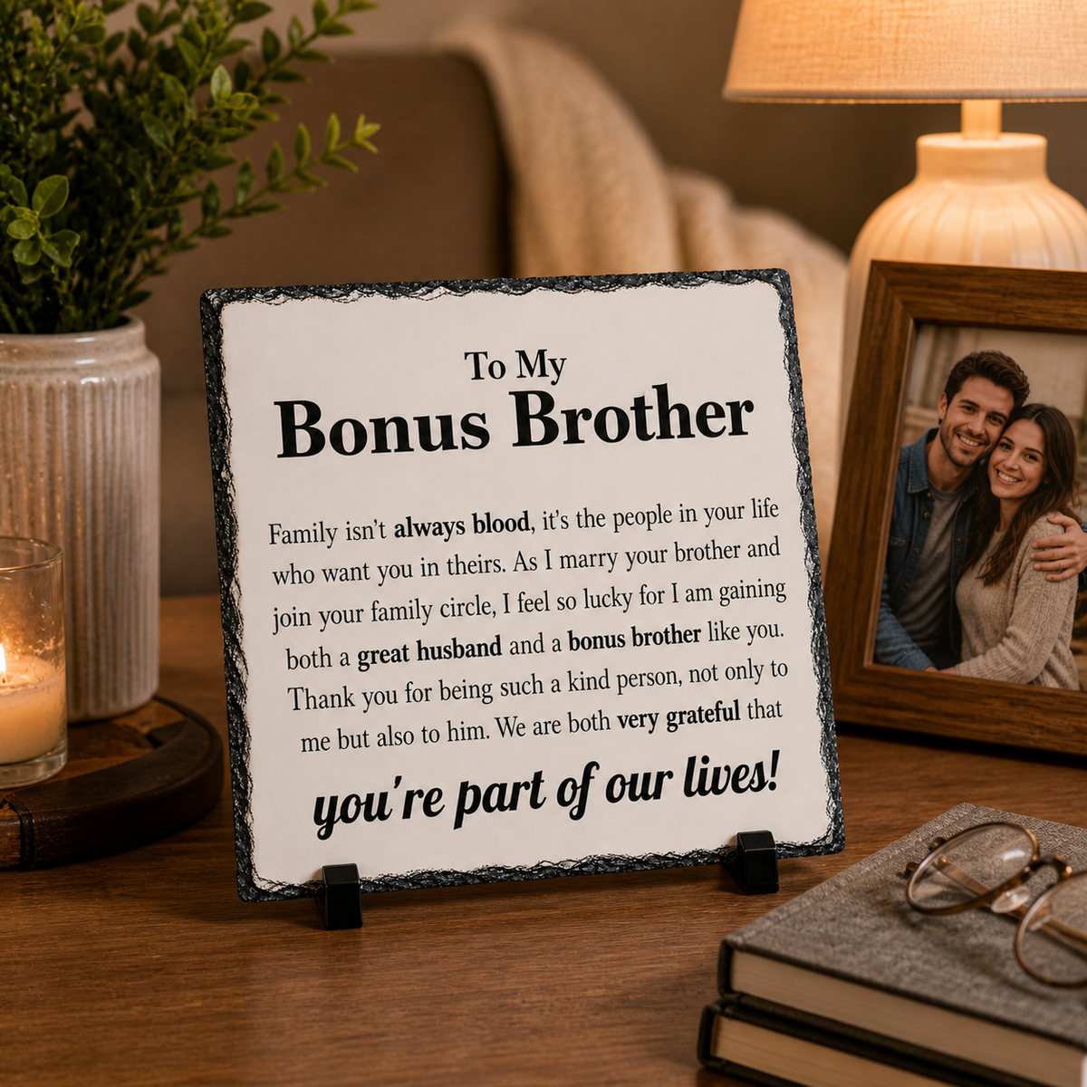Bonus Brother Gift from Bride – Wedding Day Keepsake Rock Slate Plaque | Brother-in-Law Appreciation Gift, Sentimental Family Gift (20x20cm)