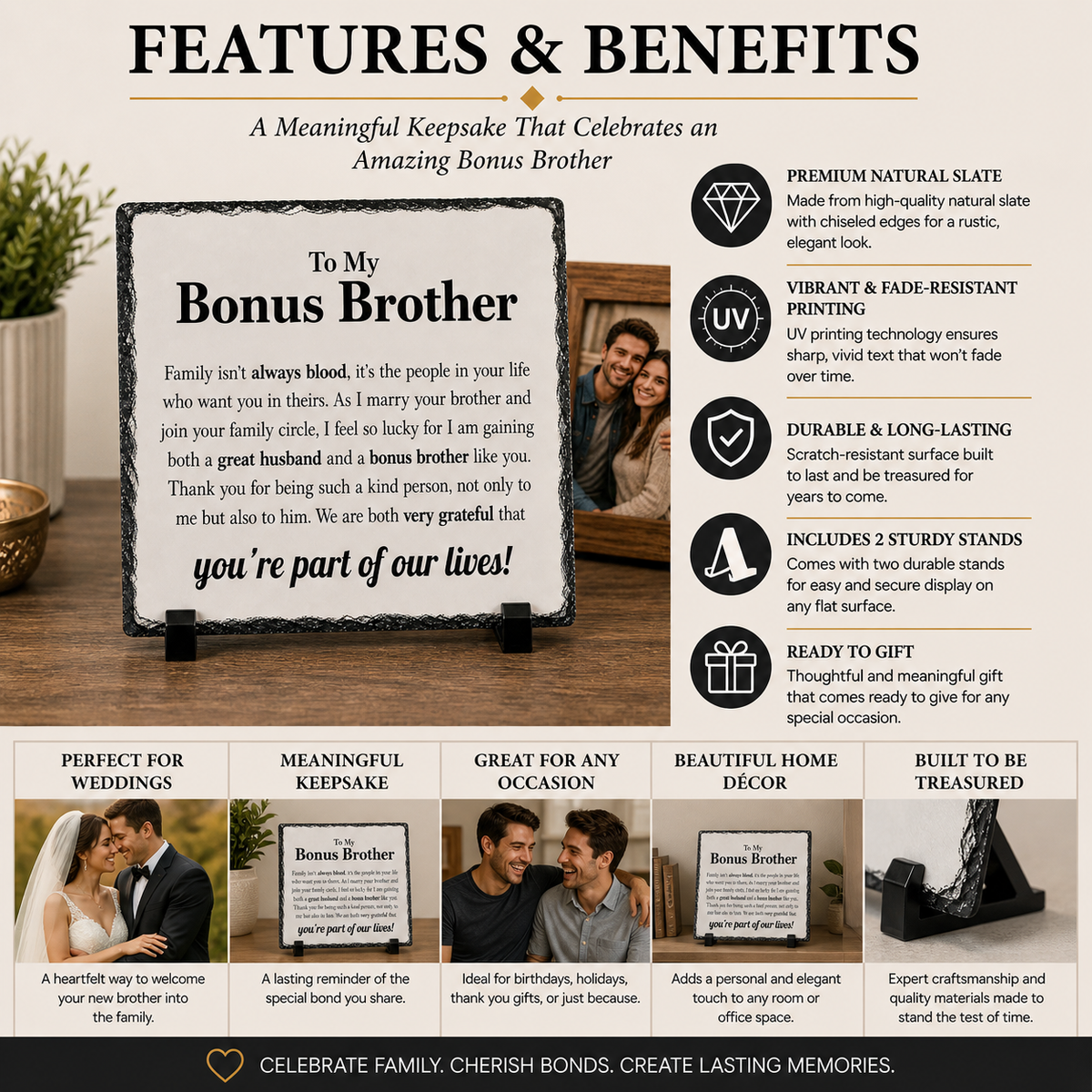 Bonus Brother Gift from Bride – Wedding Day Keepsake Rock Slate Plaque | Brother-in-Law Appreciation Gift, Sentimental Family Gift (20x20cm)
