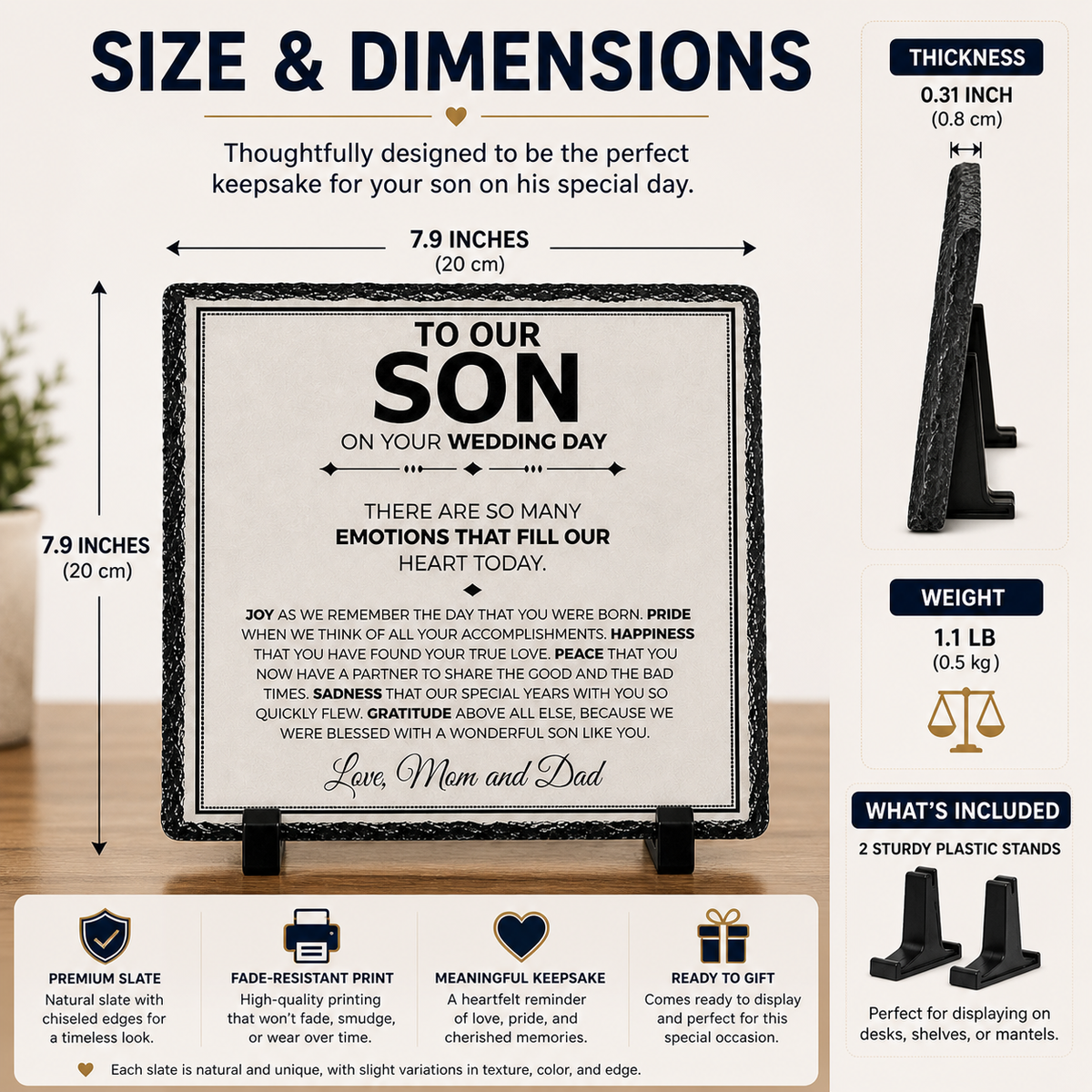 To Our Son Wedding Day Gift – From Mom and Dad Rock Slate Plaque | Sentimental Wedding Gift for Son, Parents to Groom Keepsake (20x20cm)