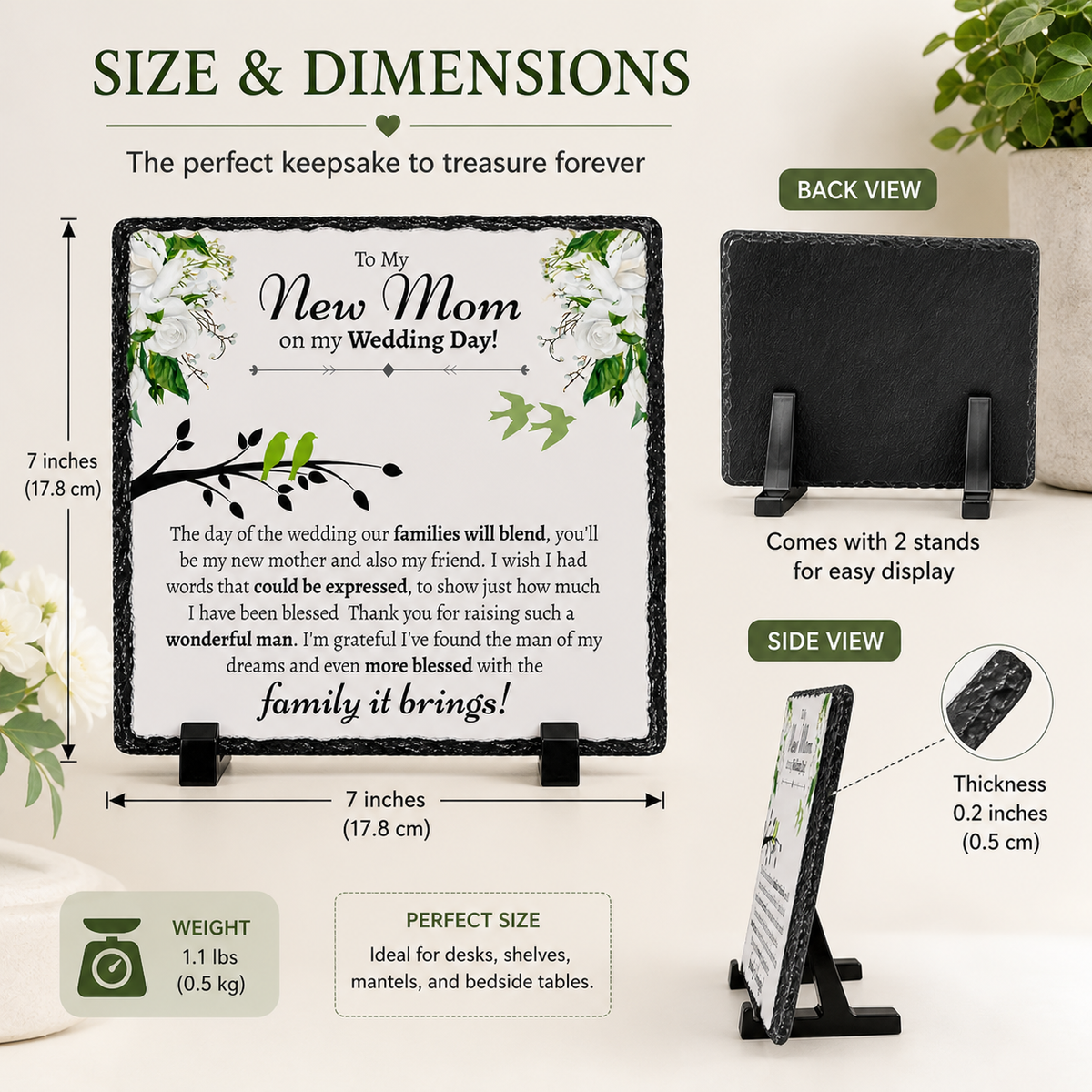 To My New Mom Wedding Gift – From Bride Rock Slate Plaque | Mother-in-Law Wedding Day Gift, Bonus Mom Keepsake (20x20cm)
