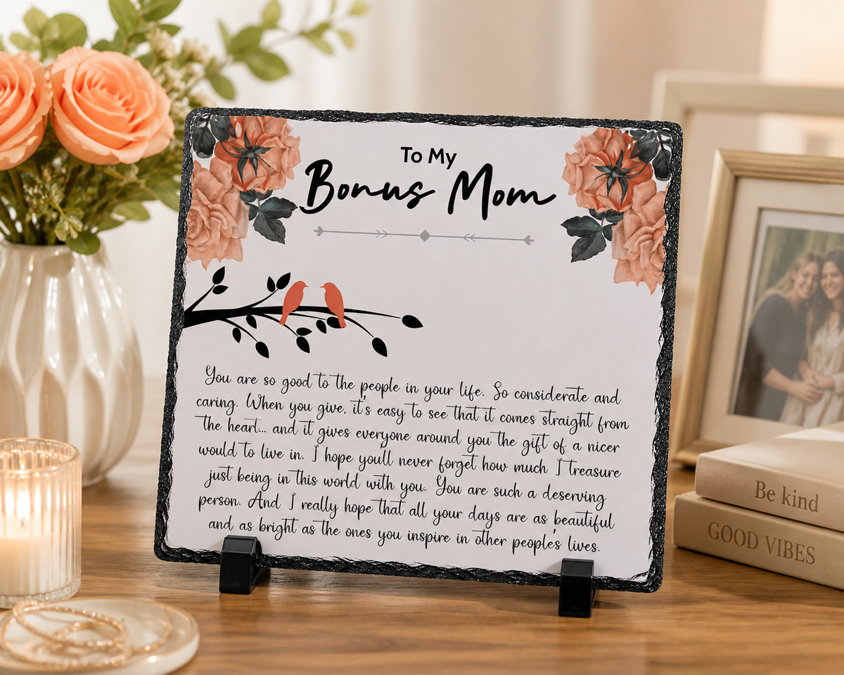 Bonus Mom Gift Plaque – Heartfelt Stepmom Appreciation Rock Slate | Thank You Gift for Bonus Mom, Mother Figure Keepsake (20x20cm)