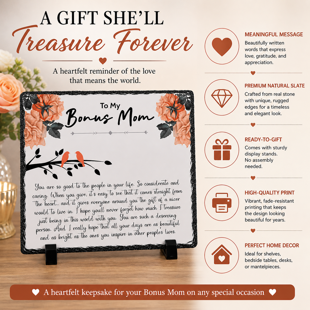 Bonus Mom Gift Plaque – Heartfelt Stepmom Appreciation Rock Slate | Thank You Gift for Bonus Mom, Mother Figure Keepsake (20x20cm)