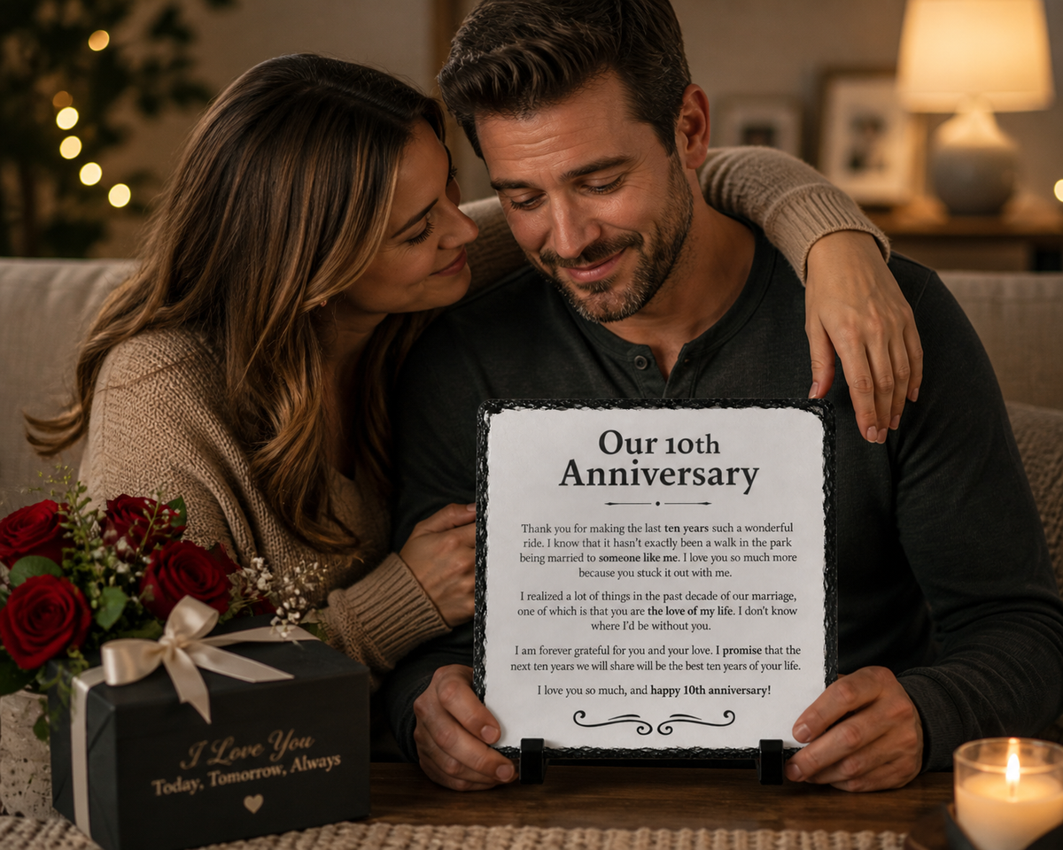 10th Wedding Anniversary Gift for Wife or Husband – Romantic Rock Slate Plaque | 10 Year Marriage Keepsake Gift for Couples (20x20cm)