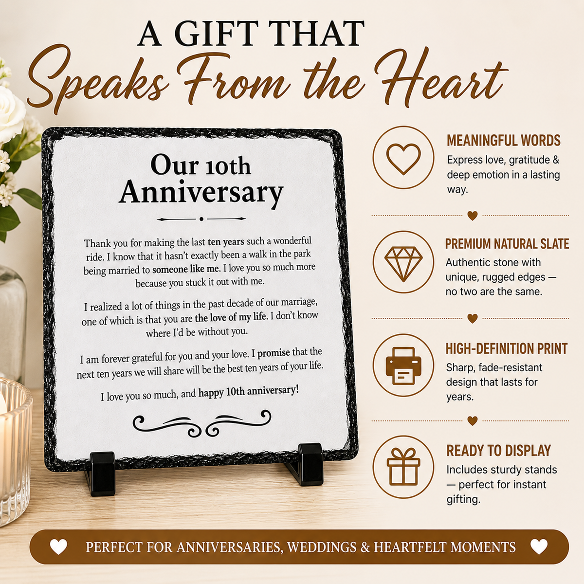 10th Wedding Anniversary Gift for Wife or Husband – Romantic Rock Slate Plaque | 10 Year Marriage Keepsake Gift for Couples (20x20cm)