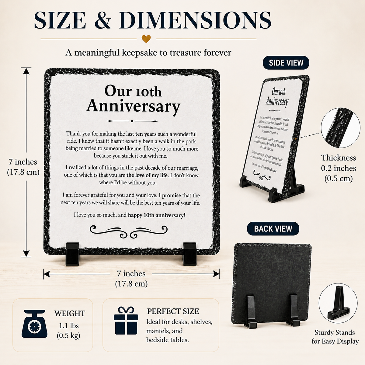 10th Wedding Anniversary Gift for Wife or Husband – Romantic Rock Slate Plaque | 10 Year Marriage Keepsake Gift for Couples (20x20cm)